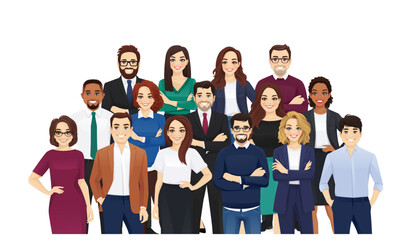 Group of happy diverse multiethnic business people standing together. Team of colleagues in different ages. Isolated vector illustration.
