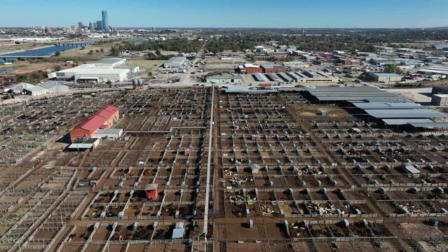 Aerial truck shot of Oklahoma National Stockyard in OKC. Cattle industry and meat packing, beef theme.