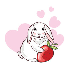 Cute girl baby bunny with pink hearts and strawberry print vector illustration