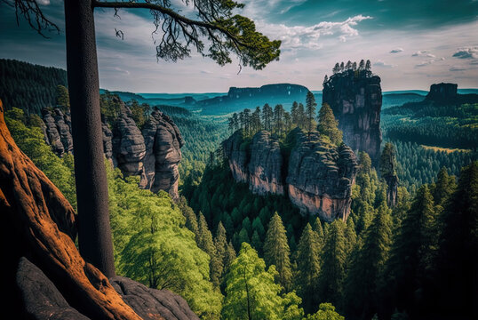 The scenery of the Czech Republic's Bohemian Switzerland is picture-perfect, complete with trees and rolling hills. Generative AI