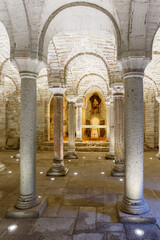 Interior in an underground crypt with an altar