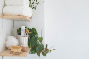 Fototapeta na wymiar Bathroom wooden shelves eco friendly body care tools with potted plant neatly arrangement storage