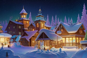Digital Illustration of a picturesque Christmas Village Covered With Snow and Christmas Decorations