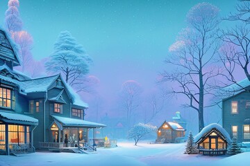 Digital Illustration of a picturesque Christmas Village Covered With Snow and Christmas Decorations