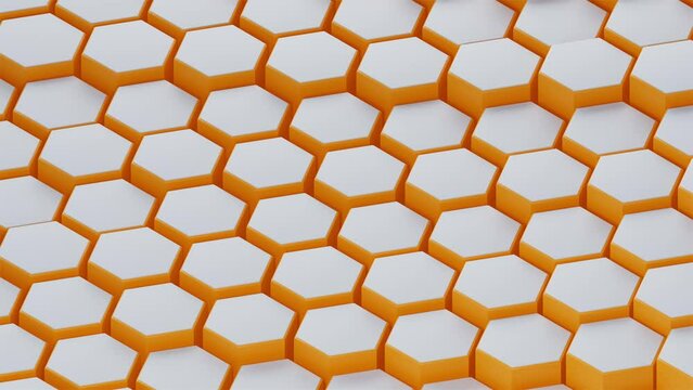 3d loop background animation of hexagon geometry elements bouncing. Orange pattern honey comb structure design. Isometric axonometric camera angle. Dynamic bg identity presentation motion graphics art