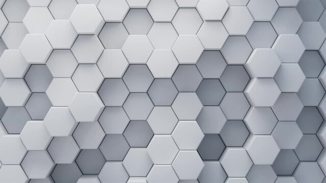 3D background loop animation in gray tone colour greyhexagon, hexagonal shapes. Motion graphics design random texture clean minimalistic business bg. Top camera view of honey comb structure geometry