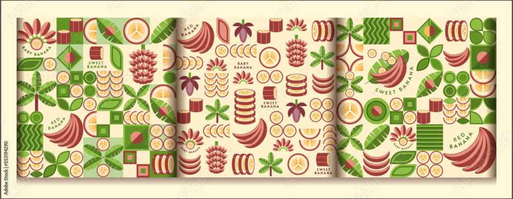 Poster set of red banana background with design elements in simple geometric style. seamless pattern. good 