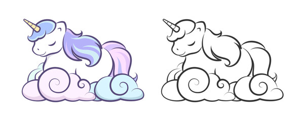 Cute unicorn sleeping on clouds vector outline illustration. Easy coloring book page for kids.