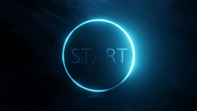 Illuminated neon start button in fog. Creative intro.