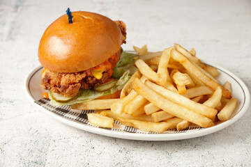 Fried chicken burger and chips