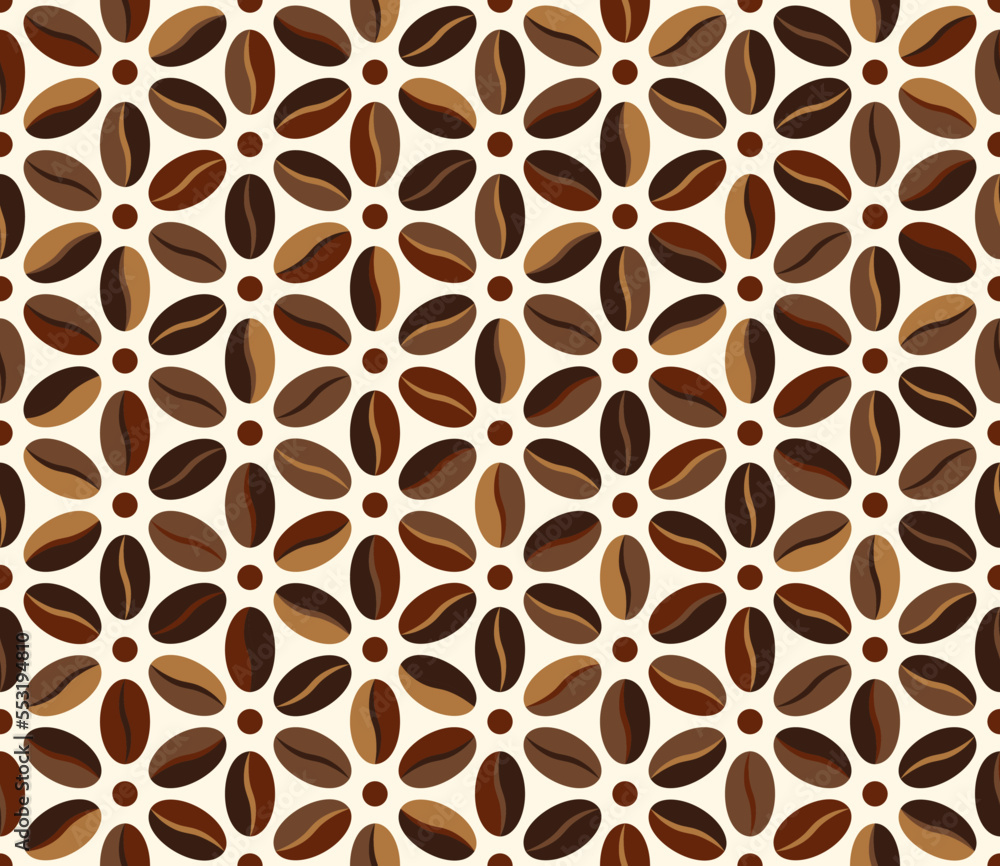 Poster seamless geometric pattern with coffee beans in hexagonal grid. retro simple style. organic backgrou