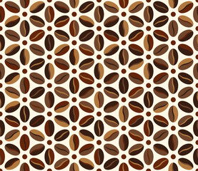 Seamless geometric pattern with coffee beans in hexagonal grid. Retro simple style. Organic background. Vector illustration