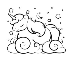 Cute unicorn sleeping on clouds in the night sky outline illustration. Easy coloring book page for kids.