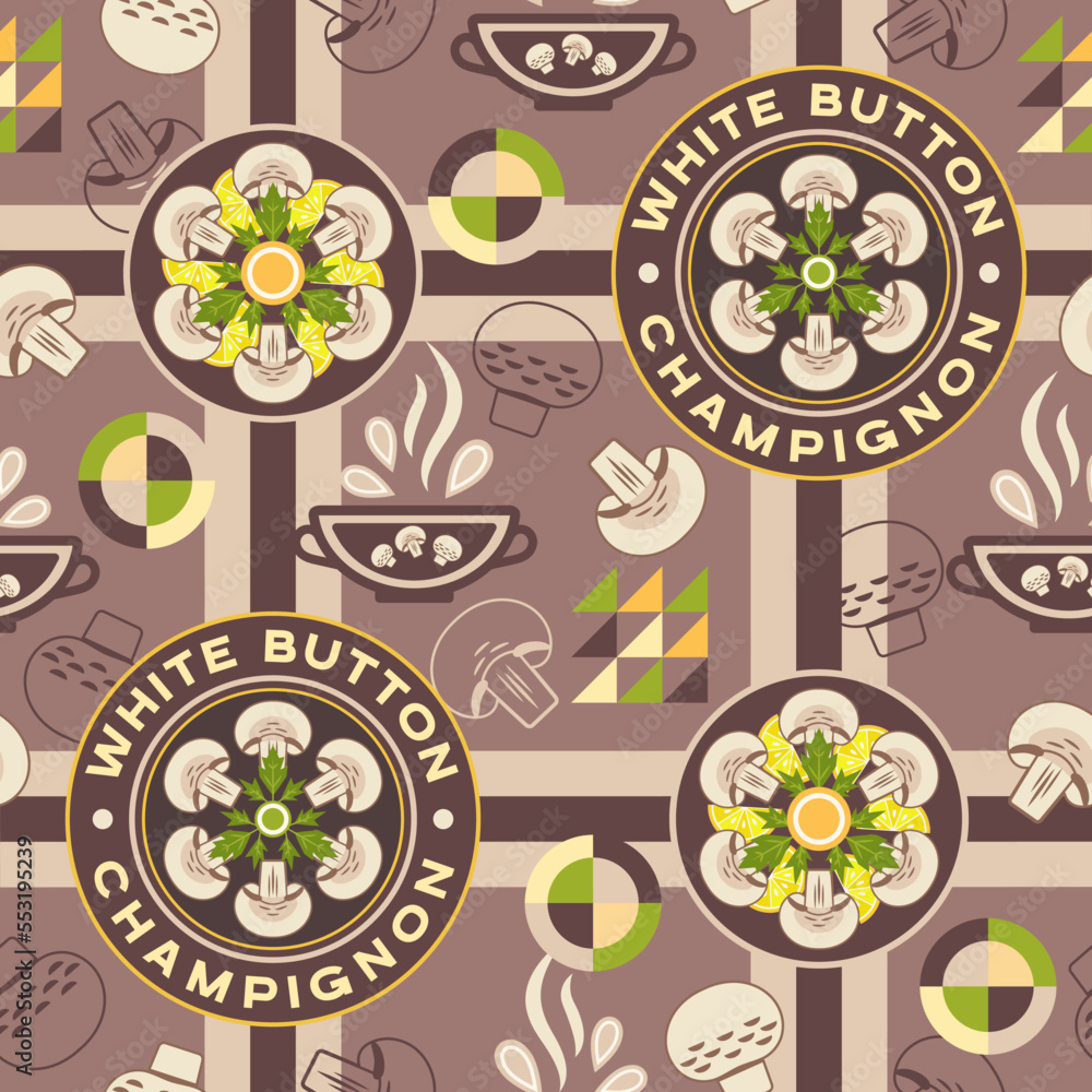 Poster checkered background with mushrooms. logo, elements in simple geometric style. seamless pattern. goo