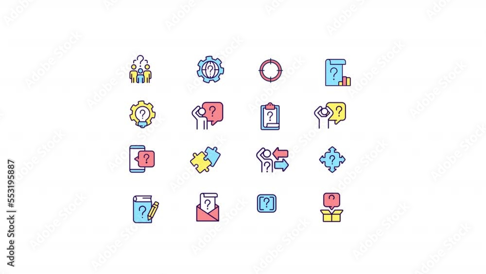 Poster animated question color icons. communication. decision making. solve problems. seamless loop hd vide