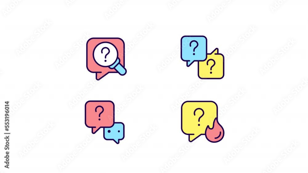 Poster animated inquiry color icons. speech bubbles with question mark. communication. seamless loop hd vid