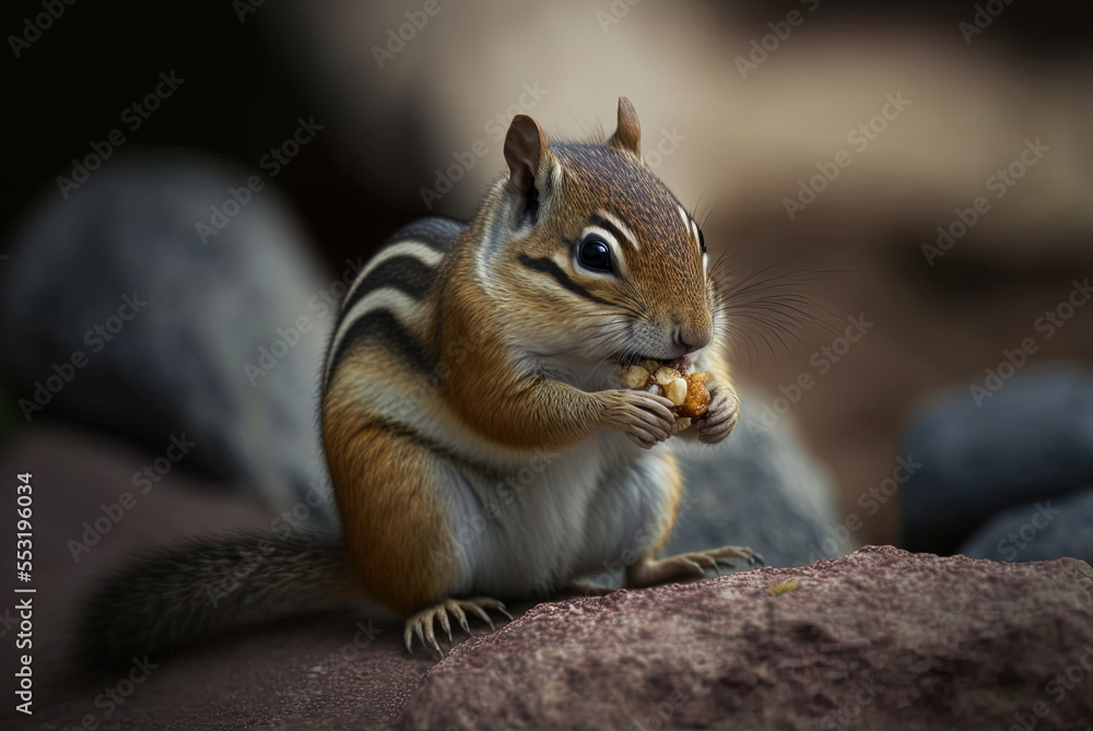 Poster close-up of a chipmunk with a nut in selective focus. generative ai