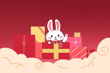 Little cute rabbit bunny in christmas and happy new year with present box, zodiac character design