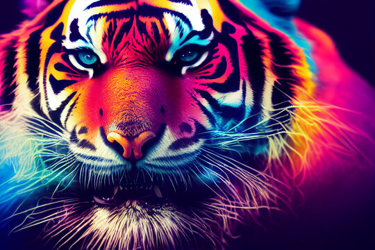 tiger pour thick split colorful paint liquid,3d render, dark background