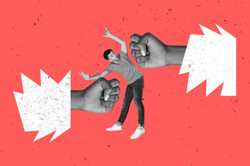 Creative collage picture of two black white arms fists punch hit mini guy isolated on drawing...