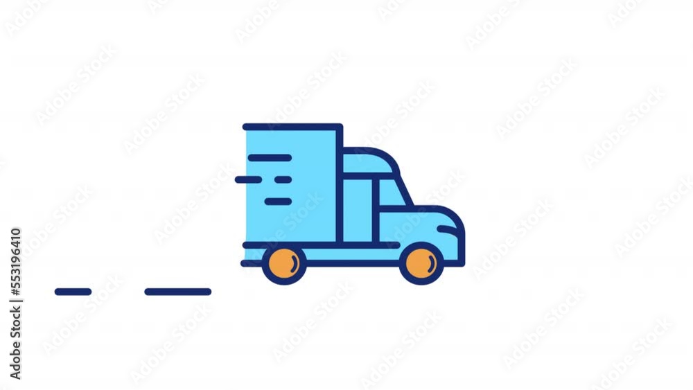 Poster animated moving truck color icon. delivery service. transportation. vehicle in motion. seamless loop
