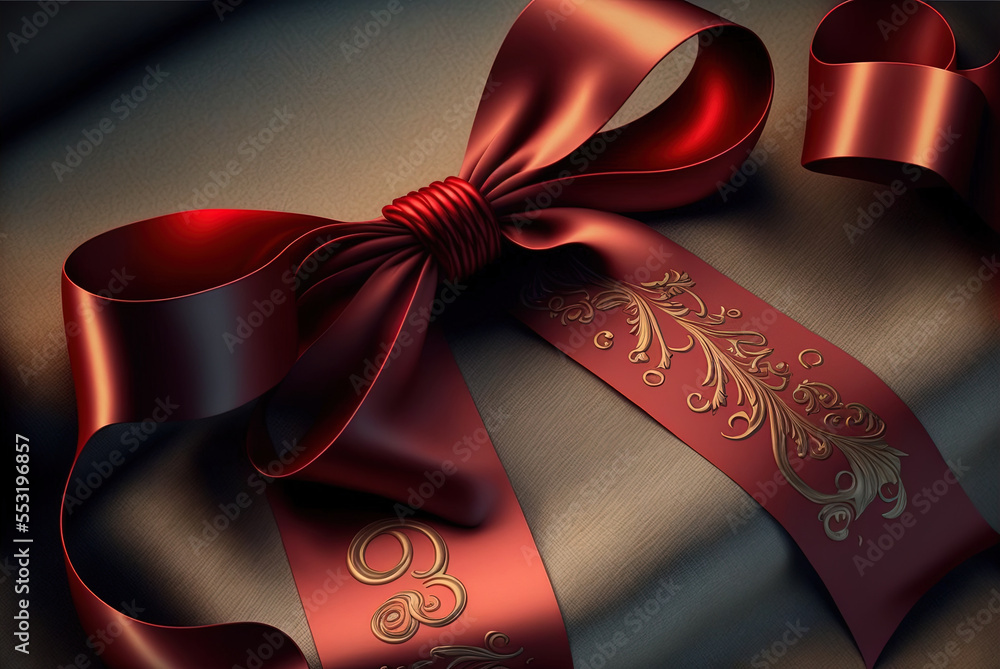 Poster a red bow with a tag on a red ribbon. generative ai