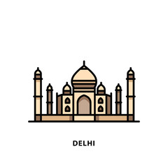 Indian city icons. Agra-Taj Mahal. Delhi. Minimal vector illustration, linear style.