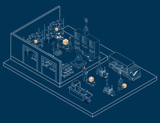 3D isometric Warehouse Logistic concept with Workers loading products on the trucks, Transportation operation service, Export, Import, forklift, pallets, cardboard boxes. Vector illustration EPS 10