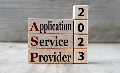 APPLICATION SERVICE PROVIDER 2023 - words on wooden blocks on gray background