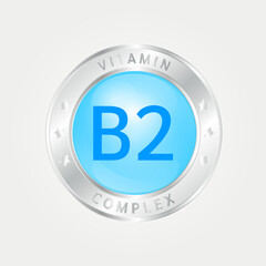 Obraz premium Vitamin B2 Icon structure circle blue. silver border. 3D vector EPS10. Pill complex, collagen serum chemical formula. Beauty treatment nutrition skin care design, healthy. Medical, scientific. 