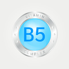 Vitamin B5 Icon structure circle blue. silver border. 3D vector EPS10. Pill complex, collagen serum chemical formula. Beauty treatment nutrition skin care design, healthy. Medical, scientific. 