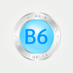 Vitamin B6 Icon structure circle blue. silver border. 3D vector EPS10. Pill complex, collagen serum chemical formula. Beauty treatment nutrition skin care design, healthy. Medical, scientific. 
