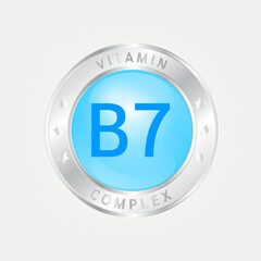 Vitamin B7 Icon structure circle blue. silver border. 3D vector EPS10. Pill complex, collagen serum chemical formula. Beauty treatment nutrition skin care design, healthy. Medical, scientific. 