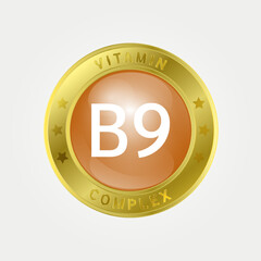 Icon structure Vitamin B9 circle light Yellow. gold border. Pill complex, collagen serum chemical formula. 3D vector EPS10. Beauty treatment nutrition skin care design, healthy. Medical, scientific. 