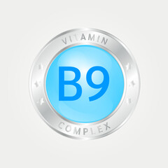 Vitamin B9 Icon structure circle blue. silver border. 3D vector EPS10. Pill complex, collagen serum chemical formula. Beauty treatment nutrition skin care design, healthy. Medical, scientific. 
