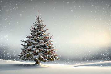 Lonely x-mas tree on snowy field. Created using Generative AI technology