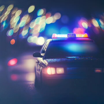 police car at night with lights flashing