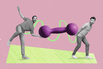 Creative collage image of two excited funny mini guys hold carry huge dumbbell isolated on drawing background