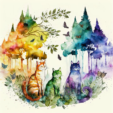 three cats in a forest