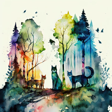 three cats in a forest