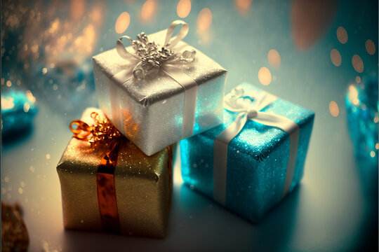 Pila di regali di Natale quadrati con confezione scintillante e grandi fiocchi generati dall'AI