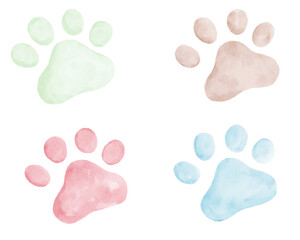 Cat paws collection in pastel color - light green, dark beige, red and light blue, watercolor painting elements illustration clip art 