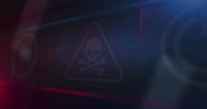 Cyber attack symbol light flashing on display macro view. Security breach with skull icon on car dashboard control screen. Loopable and seamless abstract technology concept.