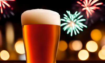 Beer glass in snow with fireworks and copy space
