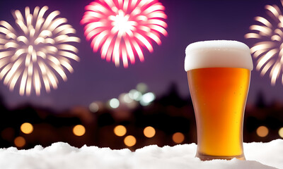Beer glass in snow with fireworks and copy space