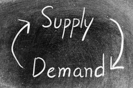 White chalk hand writing in word supply demand and arrow shape show as cycle on blackboard background