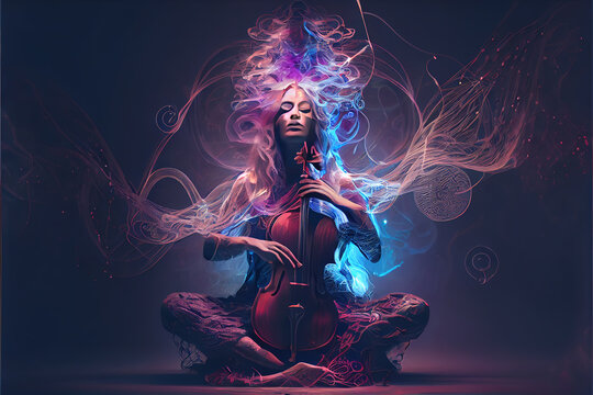 Surreal meditation artwork with a woman in a trance, playing a cello amongst mystical waves, ideal for spiritual and musical visual content.. generative ai © Hassan