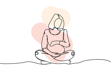 Pregnant woman sitting in lotus position one line art with colorful elements. Continuous line drawing of pregnancy, motherhood, fitness, preparation for childbirth, yoga for pregnant women.