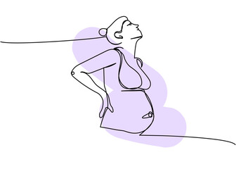 Pregnant woman, hands on the lower back one line art with colorful elements. Continuous line drawing of pregnancy, motherhood, preparation for childbirth, pregnancy pain, late pregnancy.