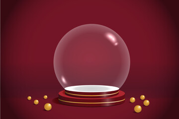Red and golden glass snowball podium stand with transparent sphere on a red background. Glossy snow globe. Stand for promotion product. Vector, eps10.